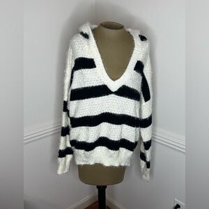 POL Fuzzy Striped V-Neck Sweater - Black and White
